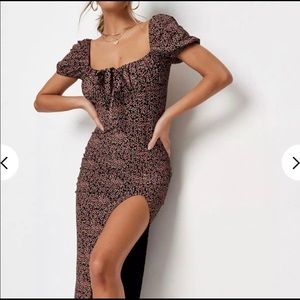 Red Floral Gathered Front Milkmaid Midi Dress